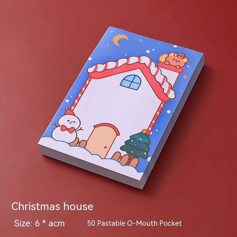 Christmas sticky notes book showing eight festive cartoon designs including elf, Santa, and snowman patterns