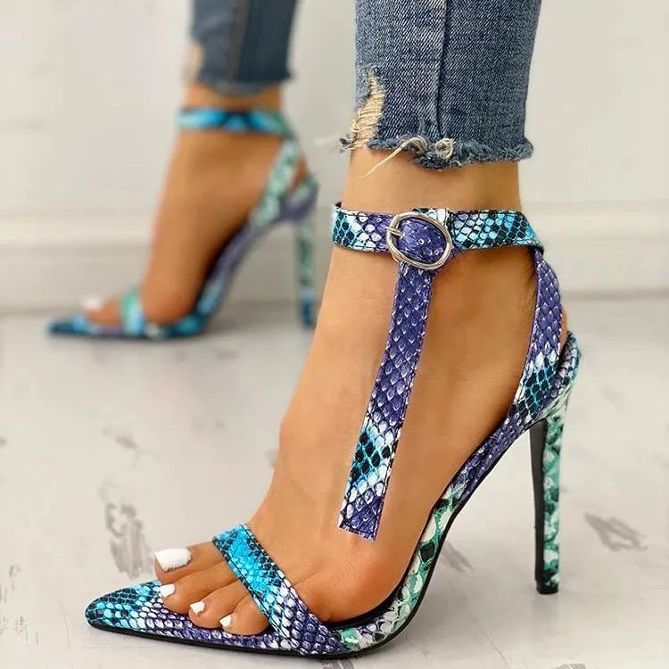 Blue snake print women's buckle heels with hollow-out design and pointed toe