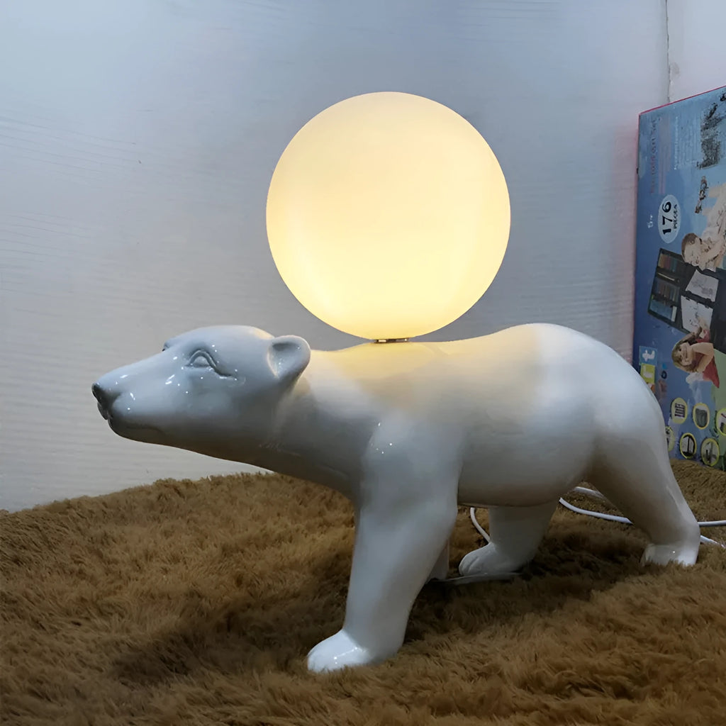 White Nordic style bear table lamp in sitting posture on a bedside table