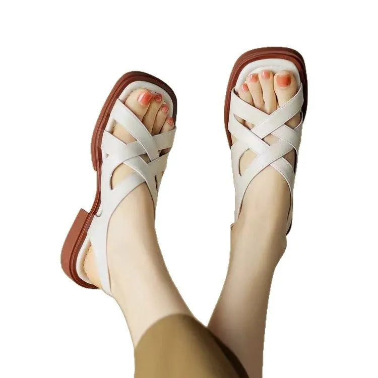 Women's patent leather beach sandals with square toe in black, brown and white colour options
