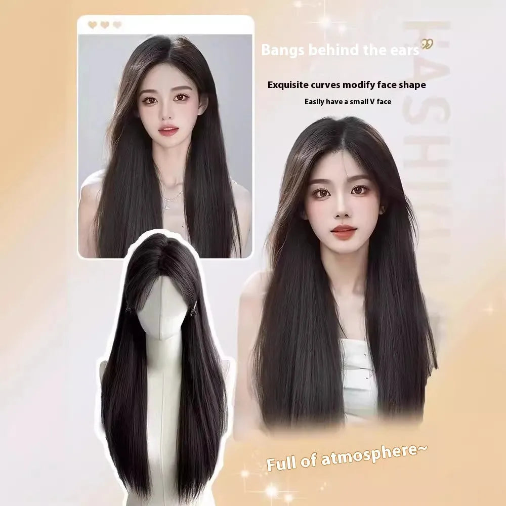 Forehead lace long straight hair full-head wig with side bangs in dark brown