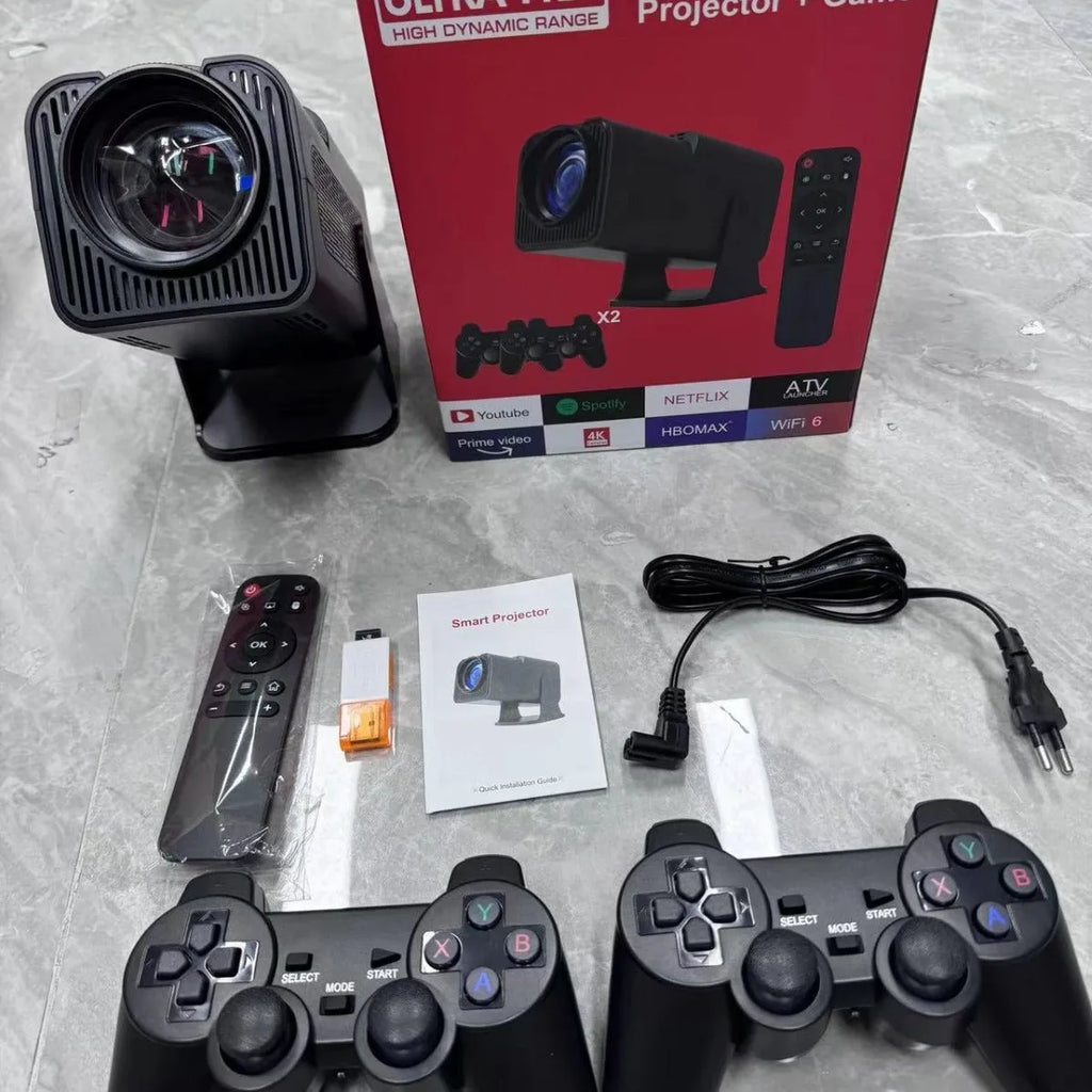 White HD wireless projector with handle showing 720p resolution capability and multi-standard power support for home gaming