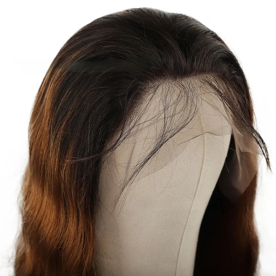 Real human hair Ruili style gradient lace front wig on a model, showing long waves.