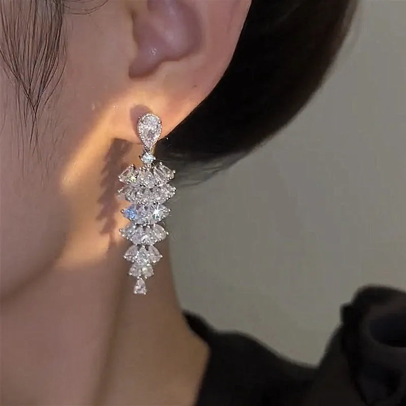 Silver pagoda Christmas tree drop earrings with zircon stones and stud fittings