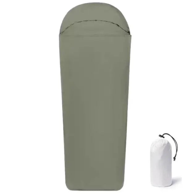 Blue nylon mummy-style camping sleeping bag for adults with carry bag
