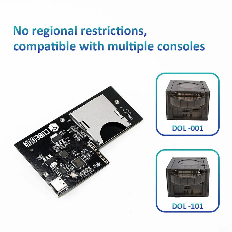 NGC CUBEODE V12 optical drive simulator for Gamecube, black ABS board with SD card extension cable and screws, boxed