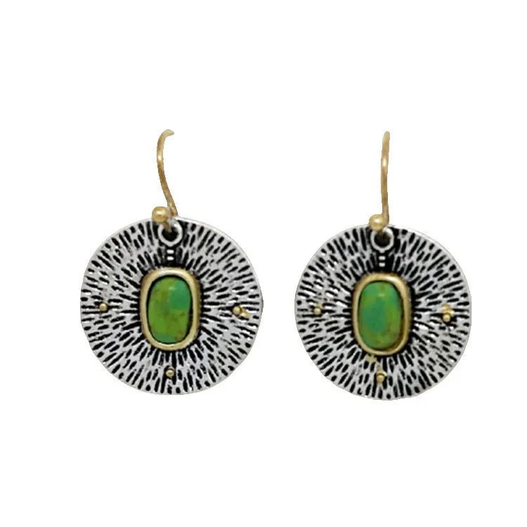 Retro creative turquoise colour separation earrings in antique silver finish alloy old money style