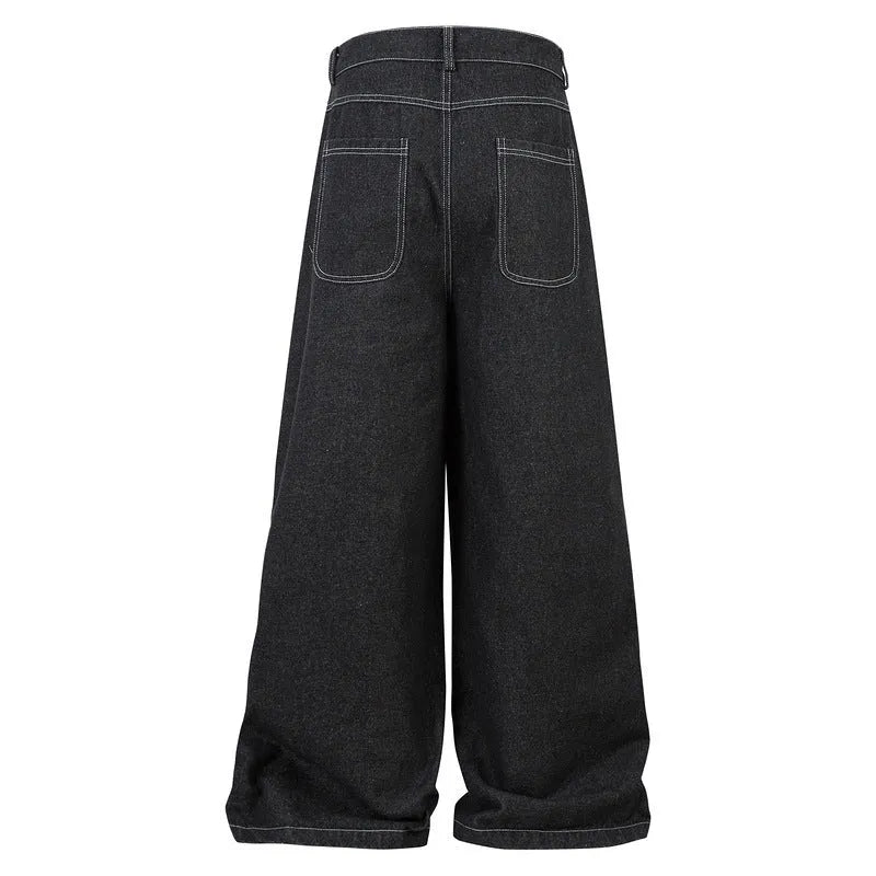 Multi-pocket pleated black denim workwear trousers for teenagers with zip placket