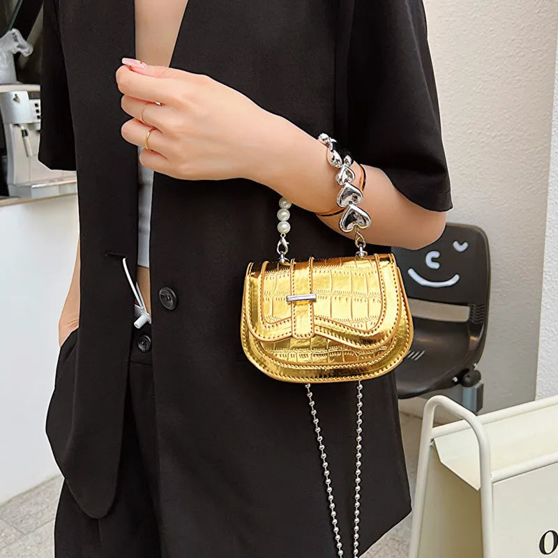 Laser pearl PU leather mini tote saddle crossbody bag in silver colour with single shoulder strap