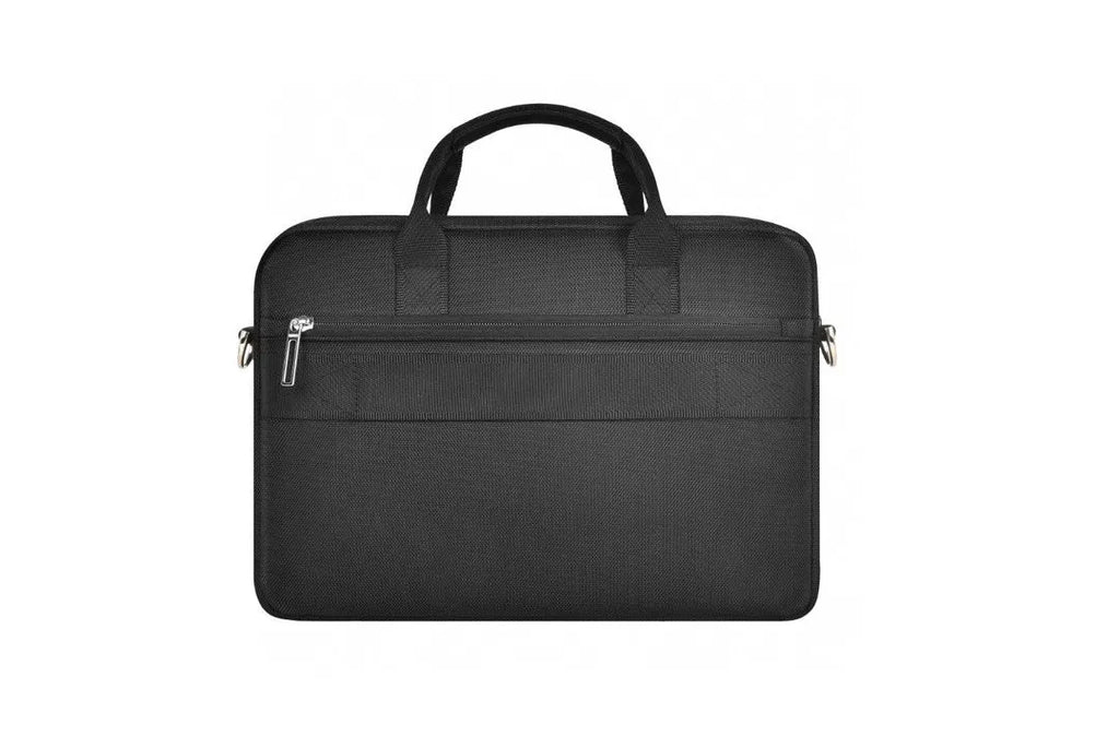 Black Oxford cloth laptop backpack showing multiple pockets and a separate padded compartment for a computer.