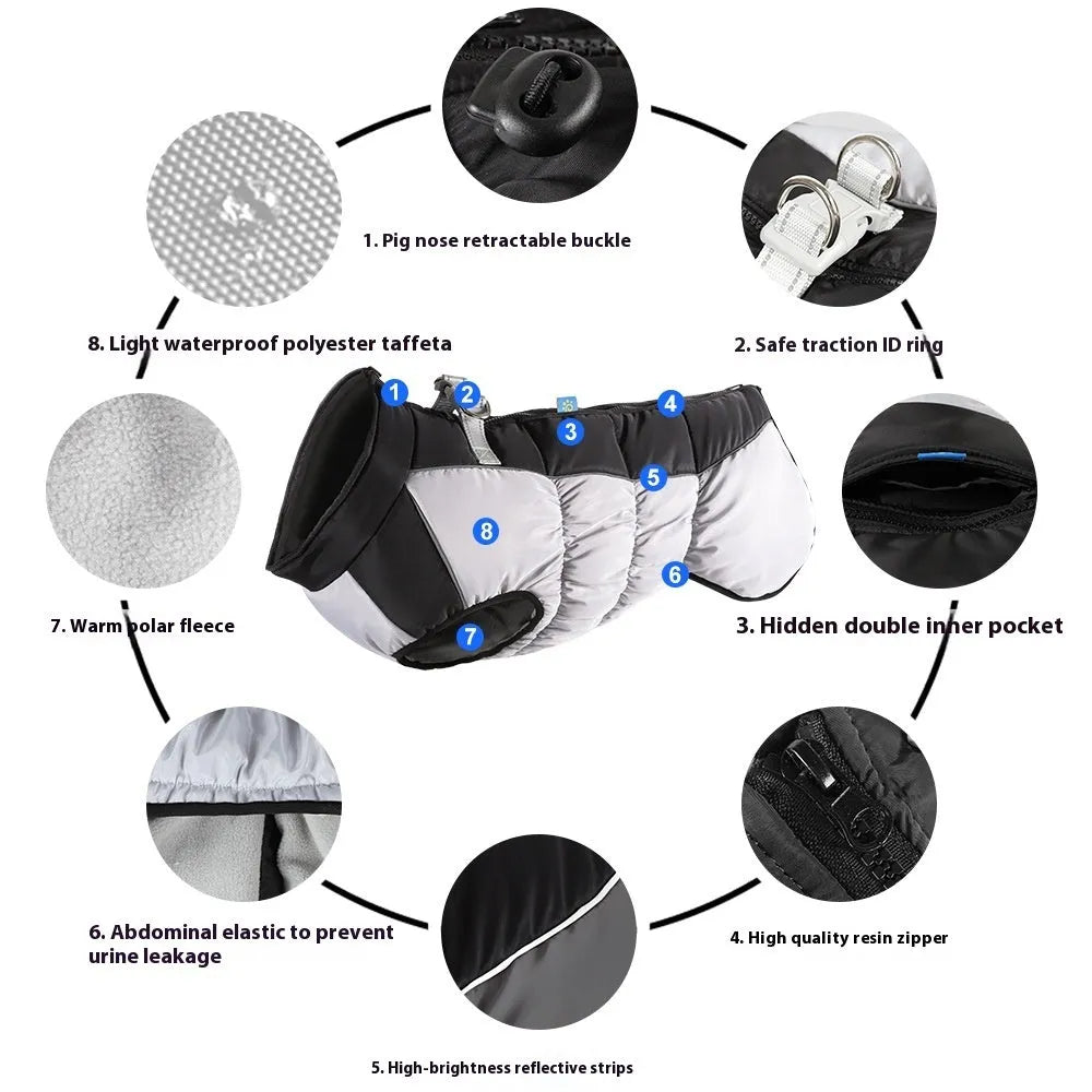 Reflective waterproof polar fleece pet winter coat for large dogs black XL size