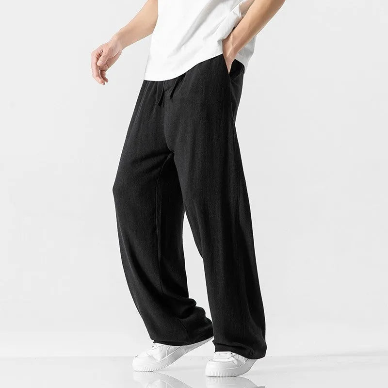 Men's bamboo fibre linen trousers with drawstring waist in straight-leg cut