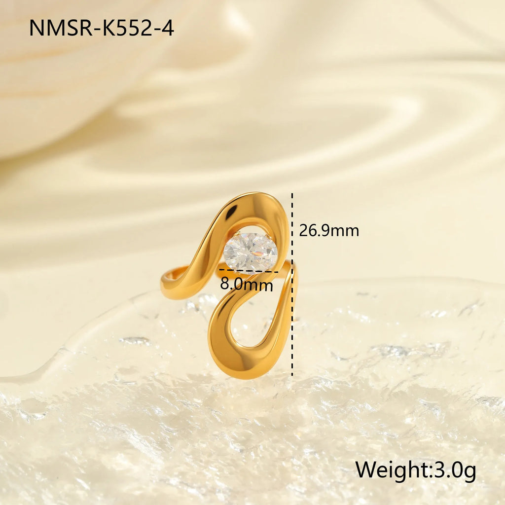 Geometric open mouth zircon ring made from stainless steel, showing its free size design.