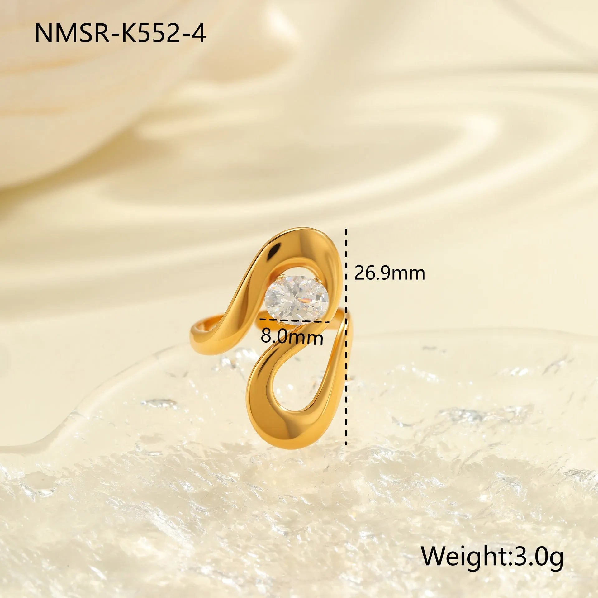 Geometric open mouth zircon ring made from stainless steel, showing its free size design.