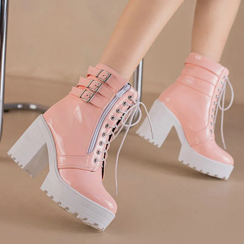 Women's casual short boots with thick heel and waterproof platform in solid colours like black and red