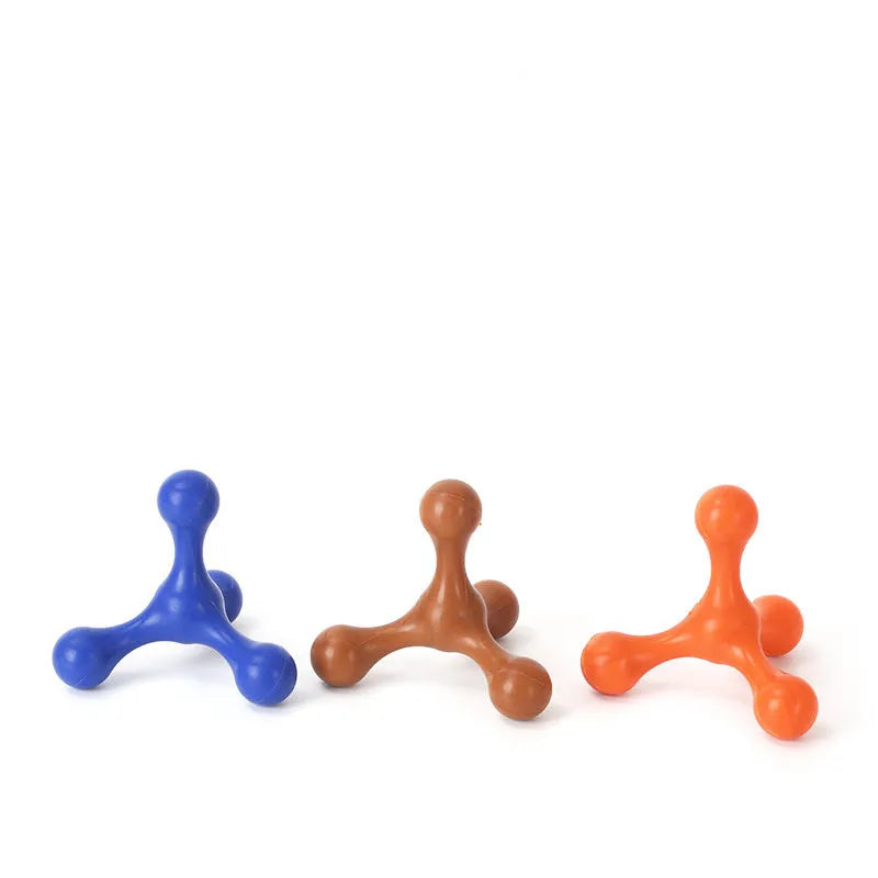 Blue three-legged silicone chew toy for small dogs on a white background.
