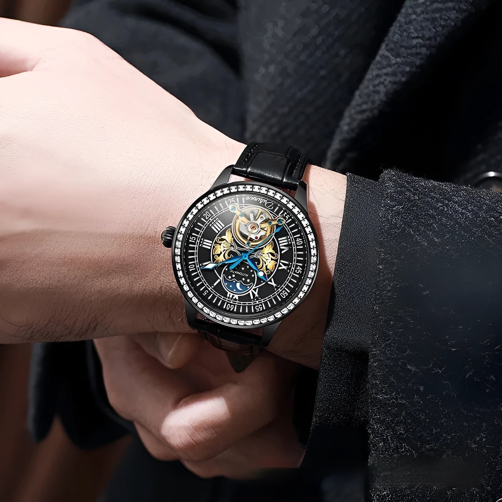 Stainless steel mechanical watch with round dial, transparent case back, and butterfly buckle