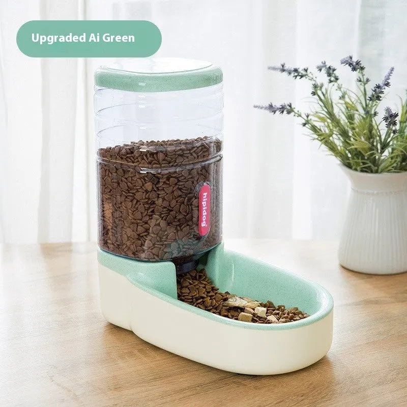 Blue automatic pet water fountain with 3.8-litre capacity for dogs and cats on a kitchen floor.