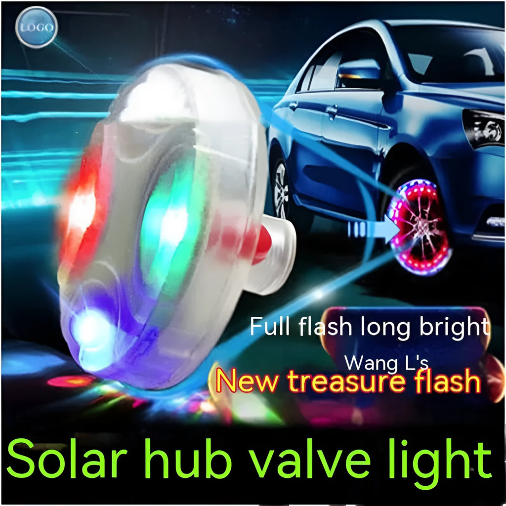 Solar LED car tyre valve light with colour adjustable mode, 4.5cm diameter, mounted on tyre valve stem