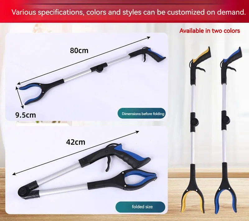 Aluminium foldable garbage clamp with blue handle extended to 80cm and magnet sucker.
