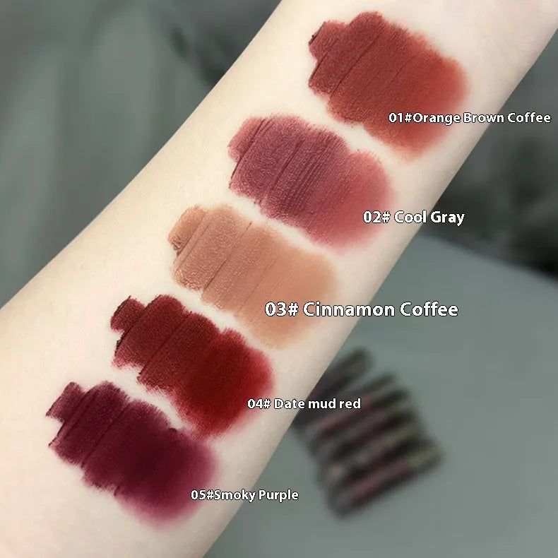 Matte lip mud lipstick in five colour options with non-transferring cream formula