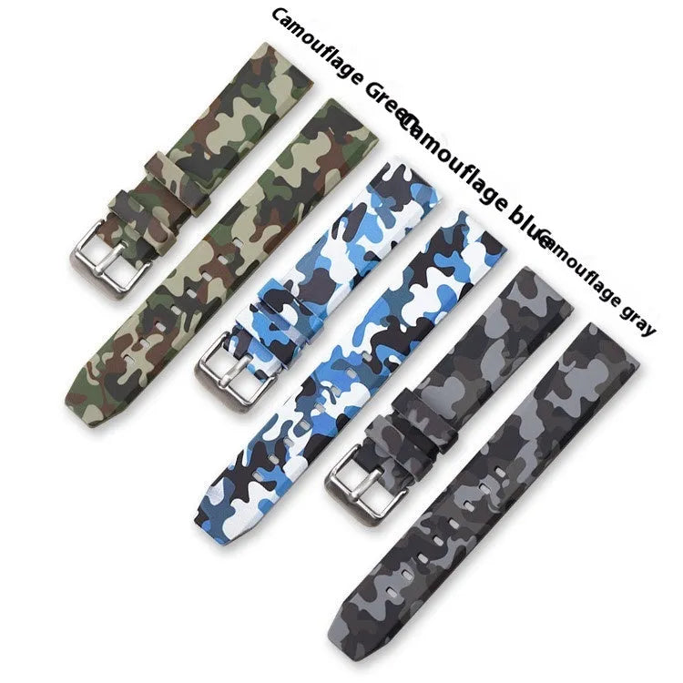 Camouflage silicone watch strap showing green, blue, and grey patterns in 20mm, 22mm, 24mm widths