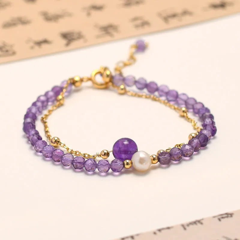 Chinese style women's bracelet with amethyst crystal stones in diamond cut on electroplated metal band