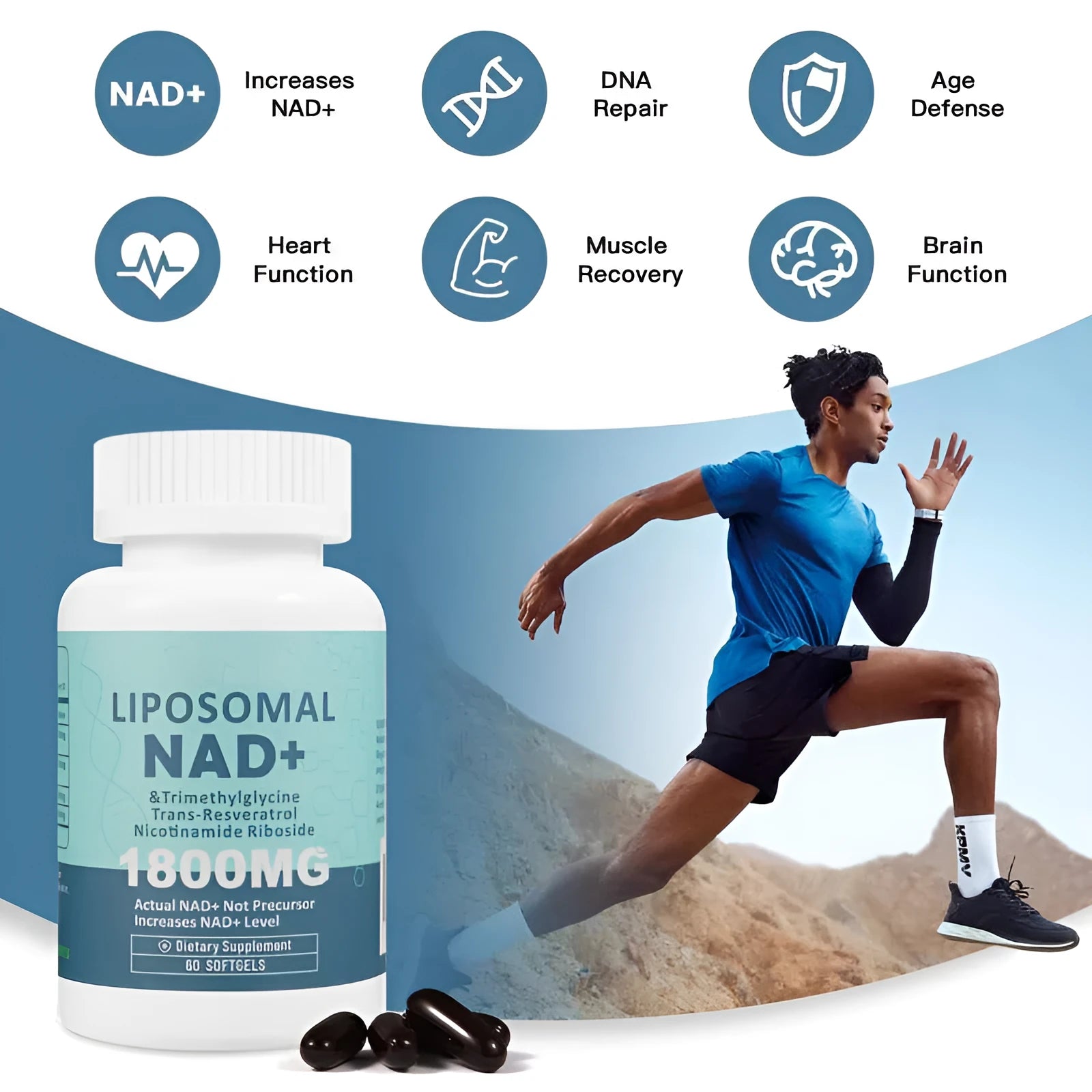 Bottle of nicotinamide mononucleotide NMN gel capsules dietary supplement showing 60 or 120 count option.
