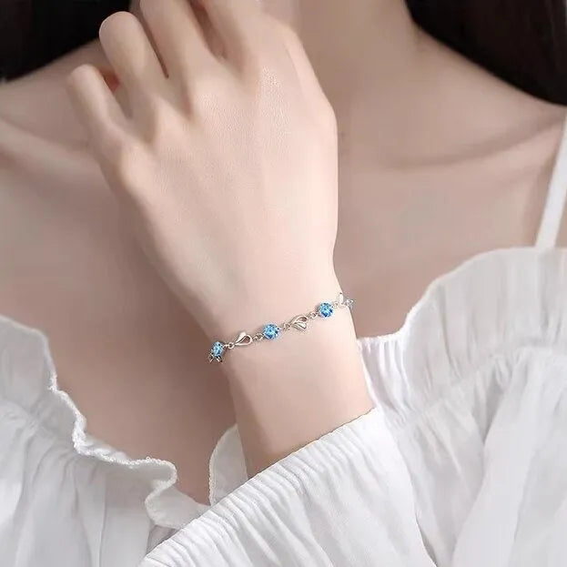 Blue diamond electroplated copper heart necklace and bracelet set with mixed gem inlaid pendant on adjustable 41-50cm chain