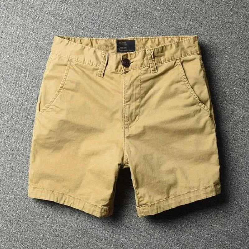 Men's pure cotton loose straight-leg shorts in solid colour with zipper fly, front view