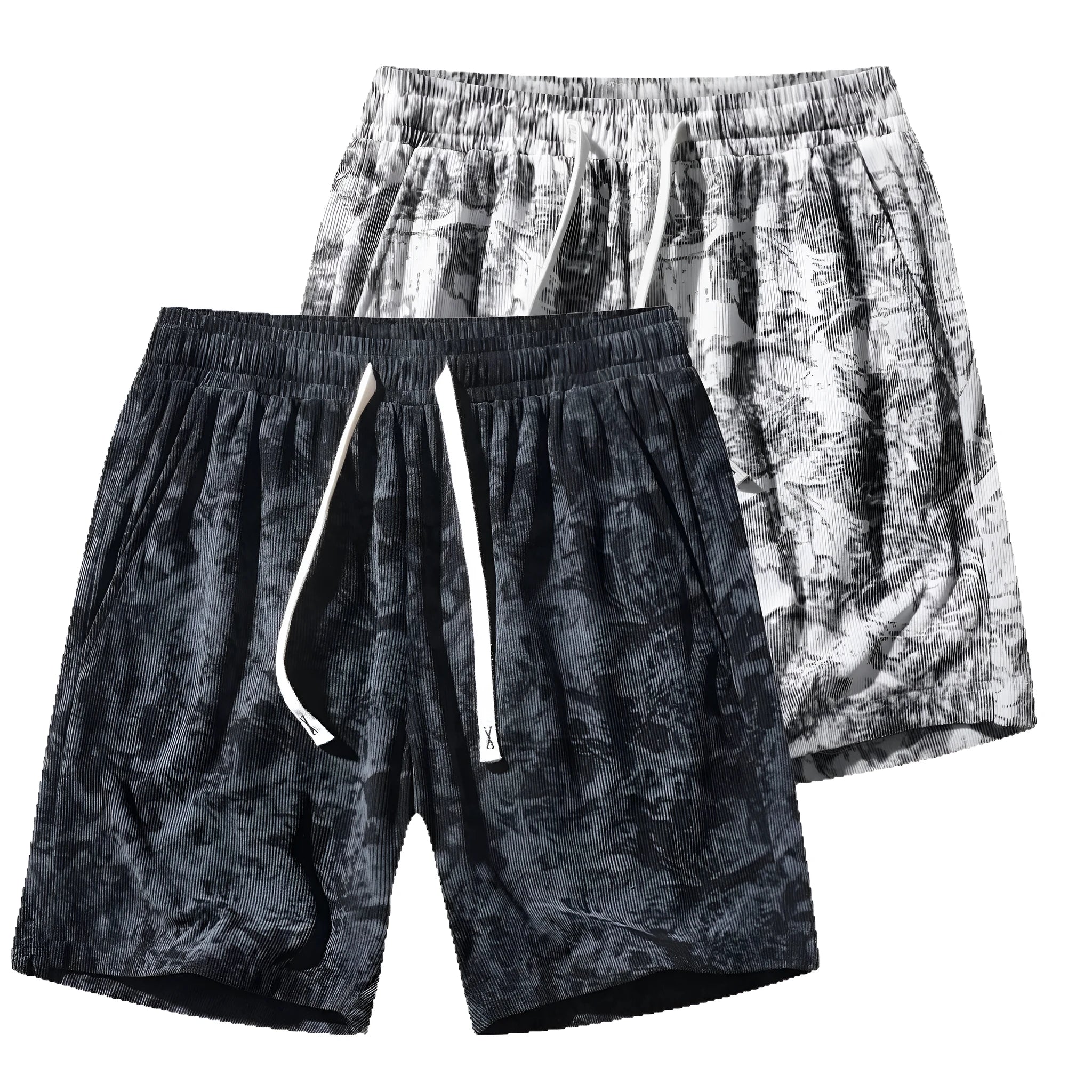 Men's camouflage pattern corduroy athletic shorts with straight leg and high waist design