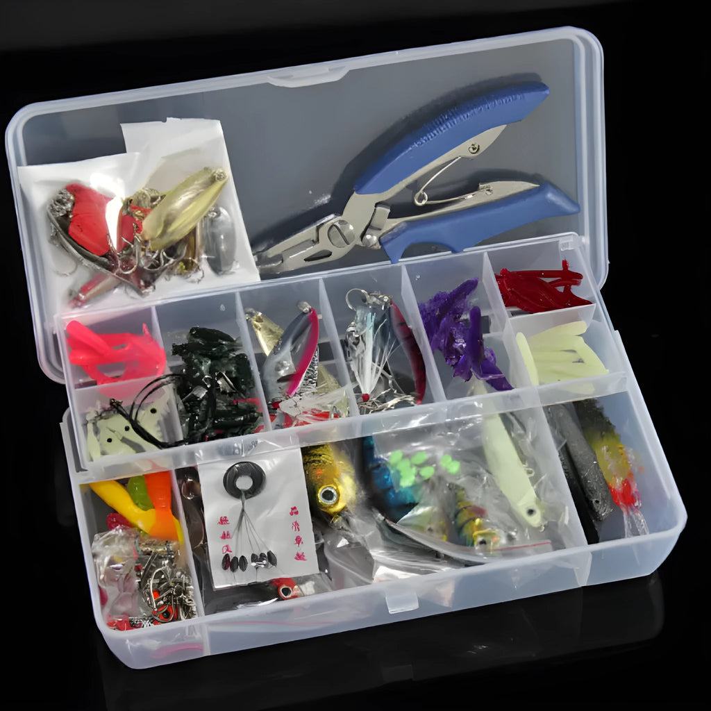 132-piece fishing lure set with soft plastic baits and steel hooks in rose red colour scheme
