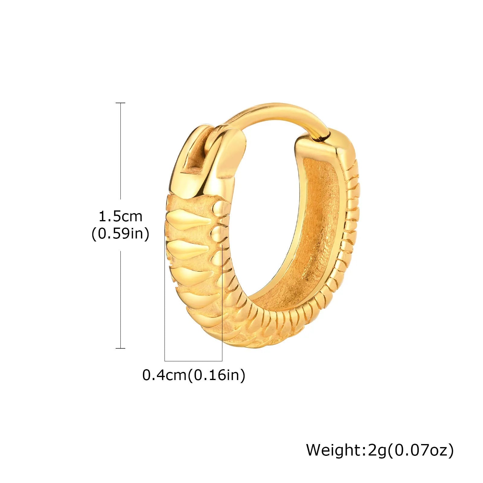 Stainless steel snake pattern earrings in black and gold finish, 30mm diameter