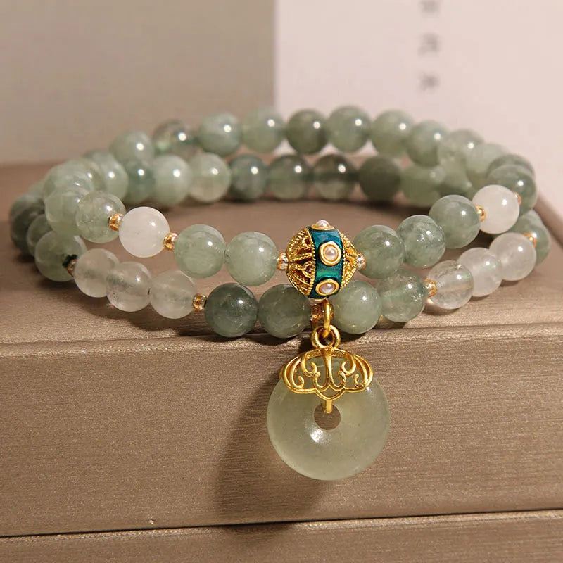 Women's aventurine double-layer crystal bracelet with peace buckle clasp in oil green jade colour
