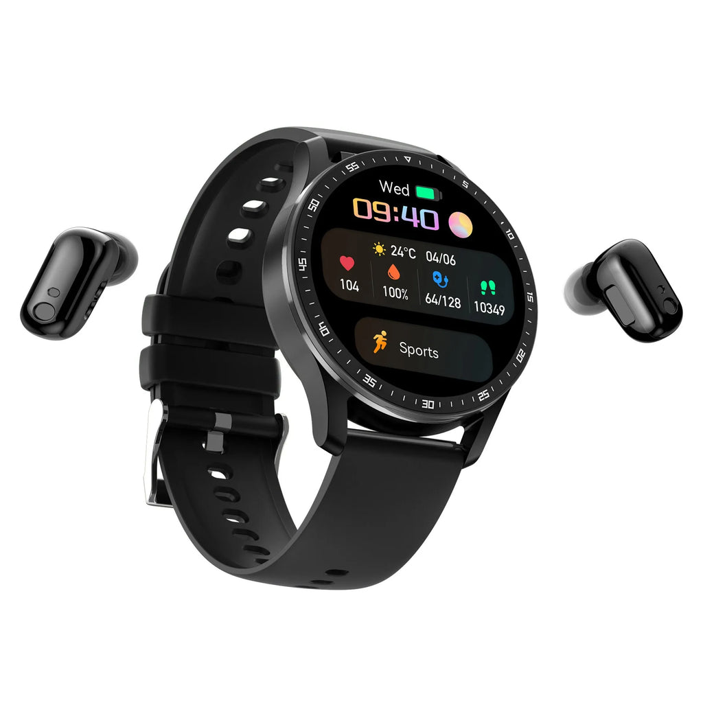 X7 smart watch with TWS earbuds, 1.32 IPS HD screen, IP67 waterproof, black strap, zinc-alloy case
