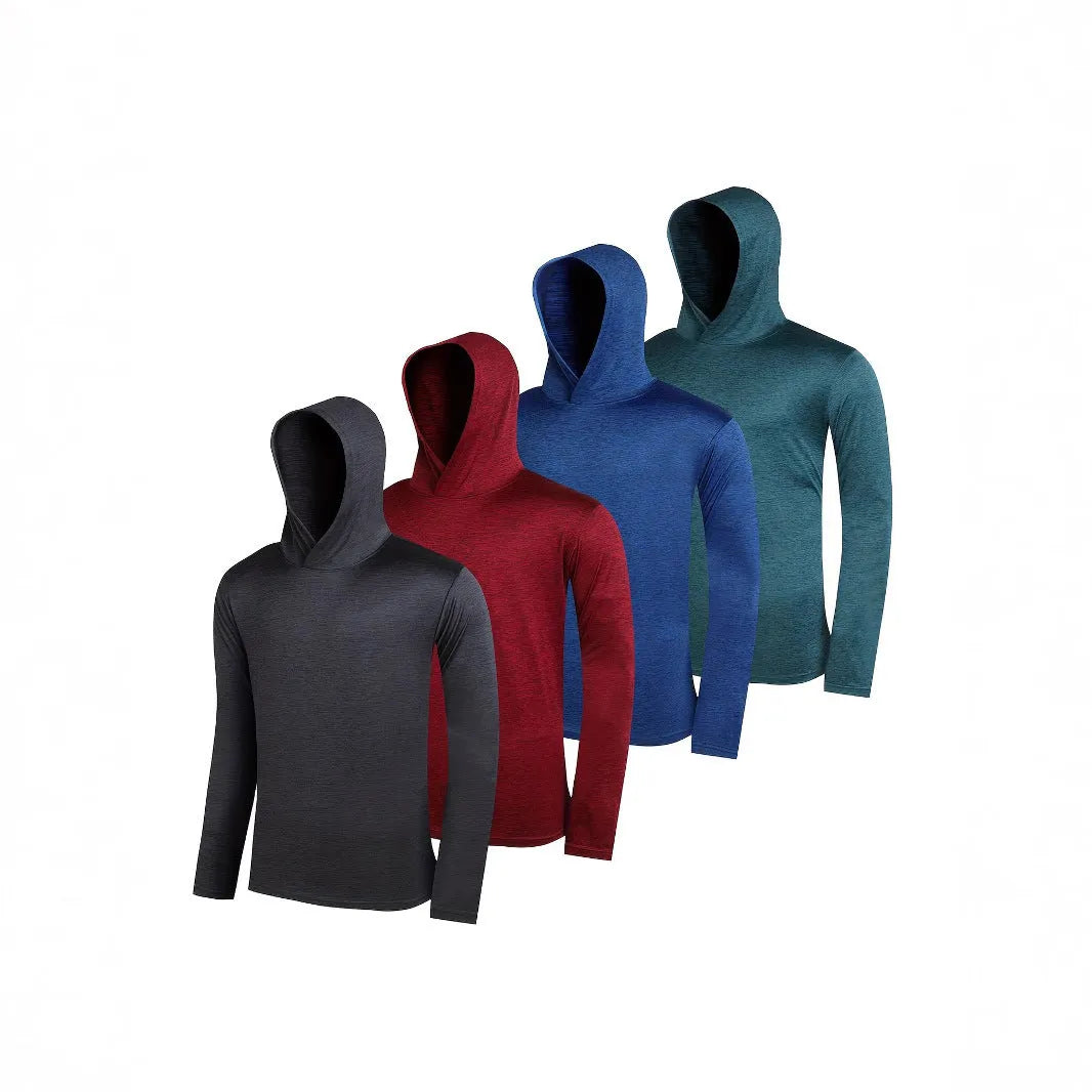 Set of four men's lightweight polyester hoodies in various colours, some with hats.