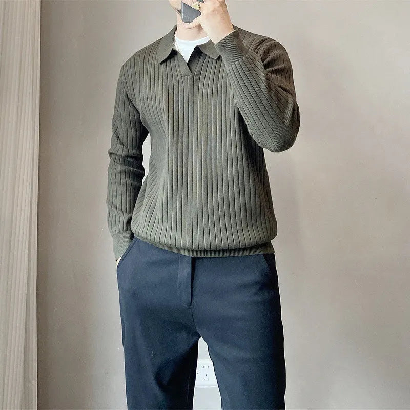 Man's loose-fit long-sleeved knitted pullover sweater in a modal and rabbit fur blend.