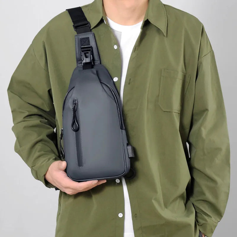 Black sling crossbody chest bag for men, simple city style, vertical square shape, zipper closure, soft surface, blue black grey