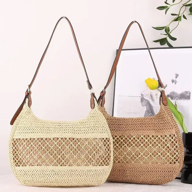 Women's straw cross body bag in khaki colour showing horizontal square shape and sandwich pocket design