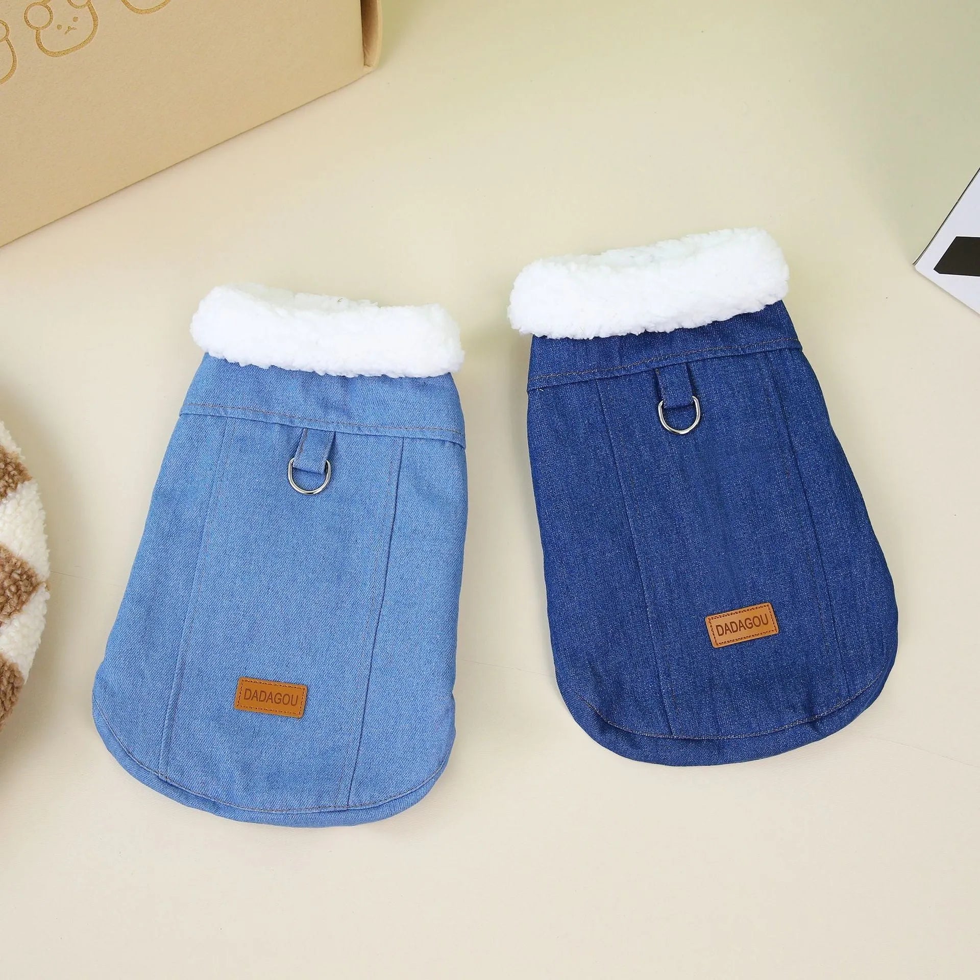 Corgi wearing denim cotton dog coat in dark blue with button-up front