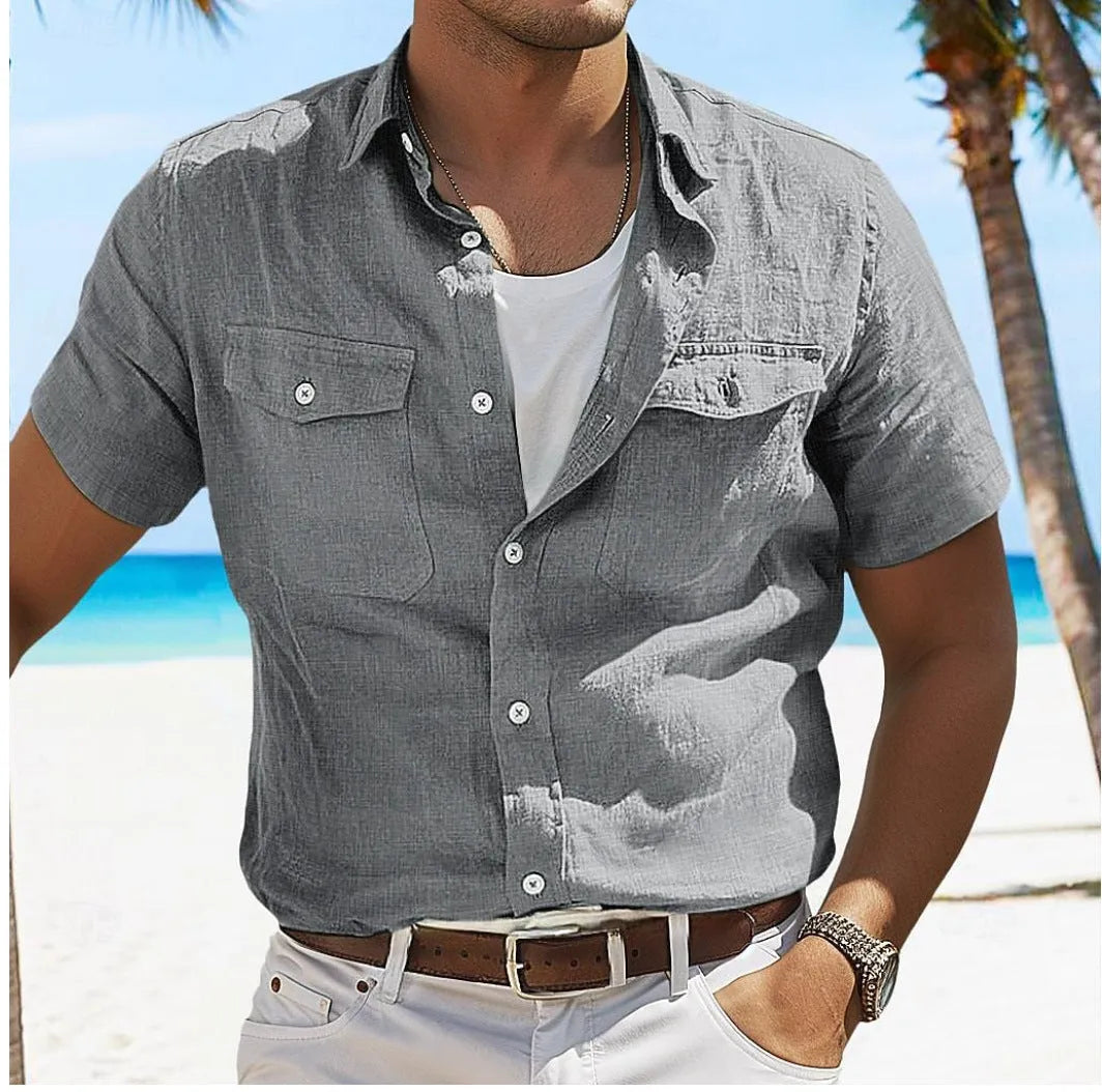 Men's loose-fit linen summer shirt with polo collar in solid colours grey, green, sky blue, apricot