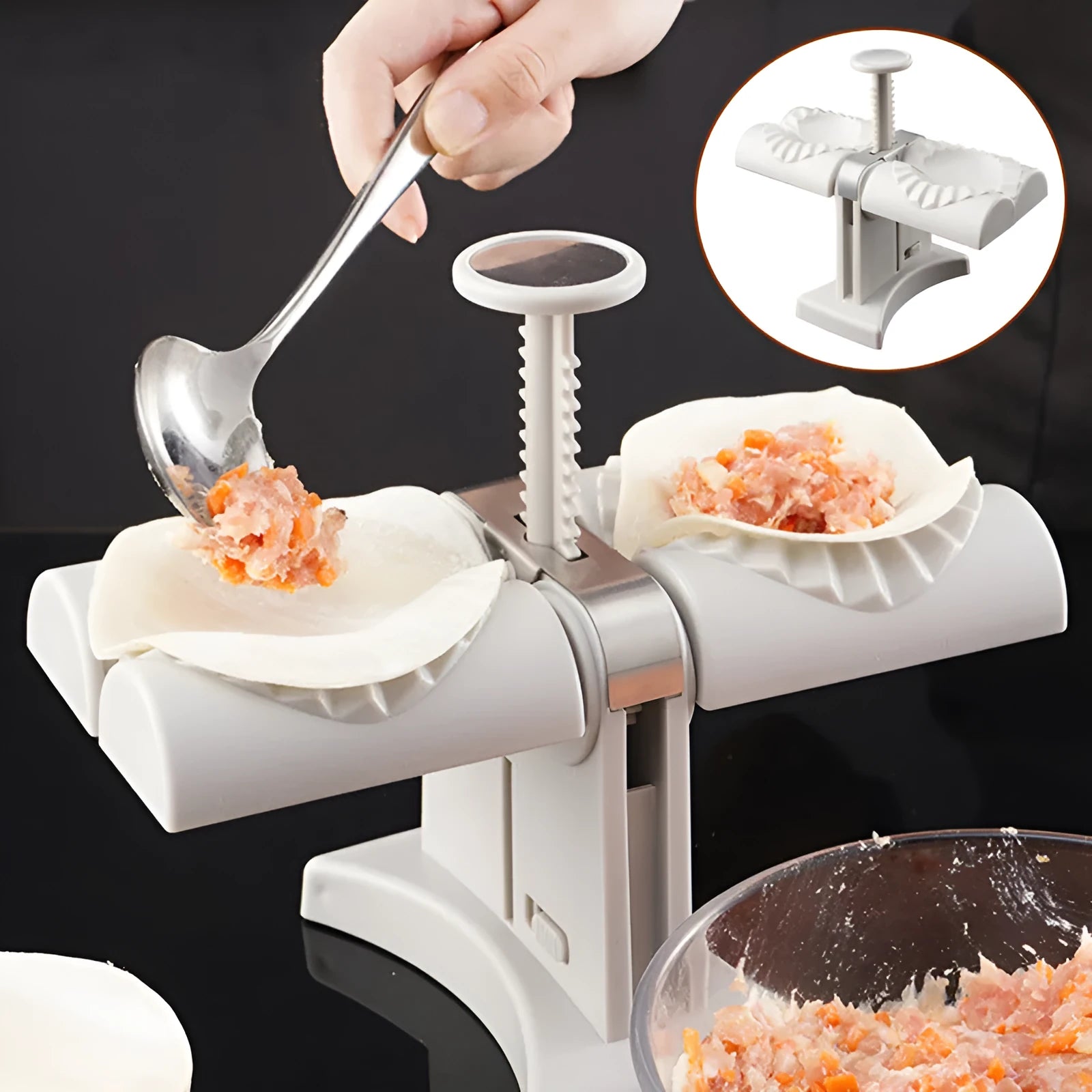 White double head dumpling mould with 304+PP construction and anti-slip base
