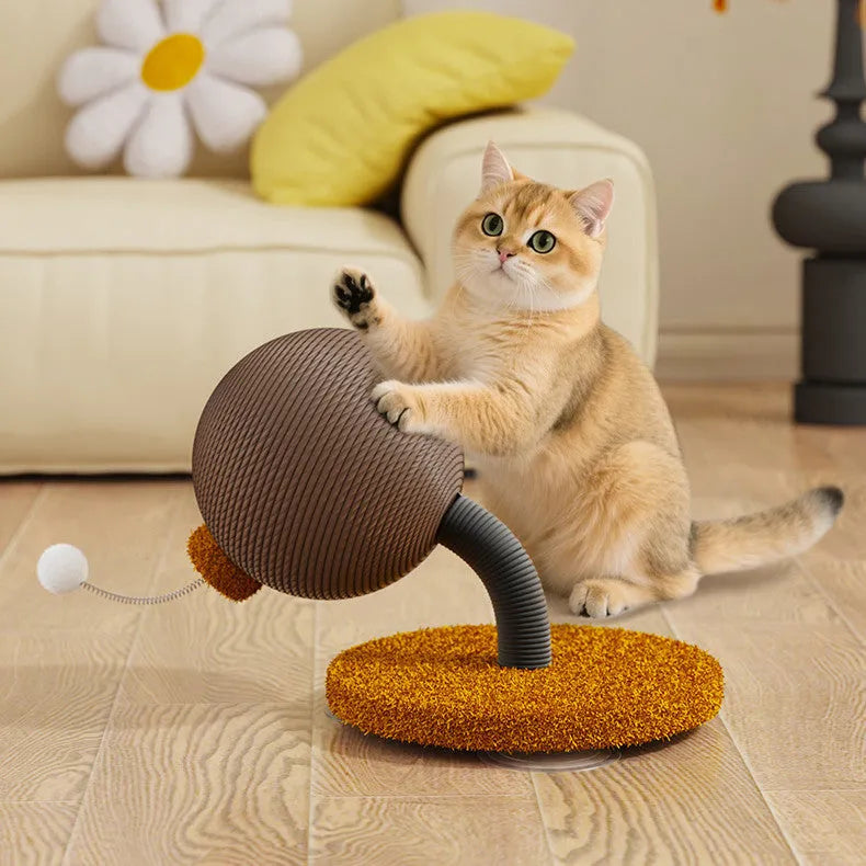 Hemp rope cat scratch board with cat grasping ball toy featuring tumbler mechanism
