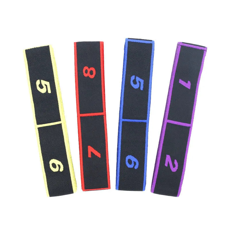 Yoga multi section stretch strap in polyester cotton latex yarn on a fitness mat, available in multiple colours