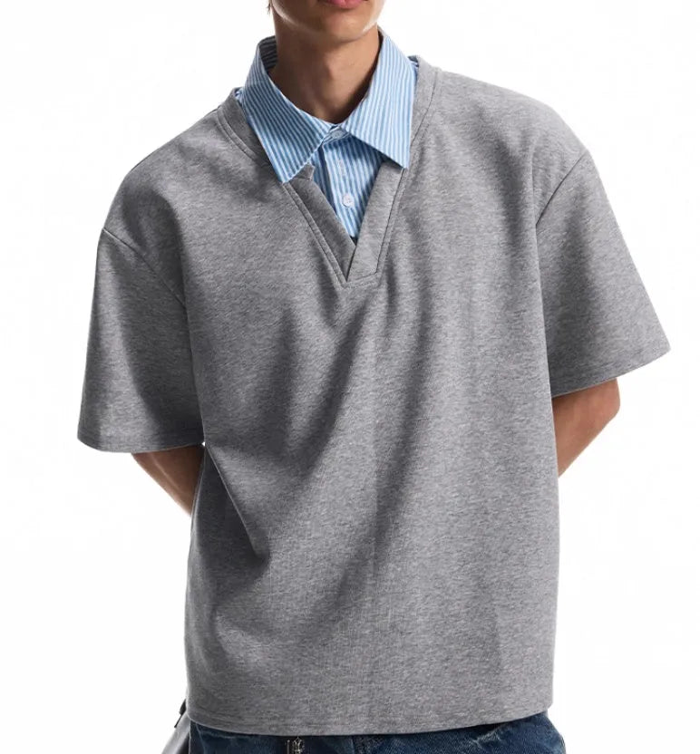 Men's niche design fake two-piece short sleeve T-shirt in black with stitching detail, loose fit