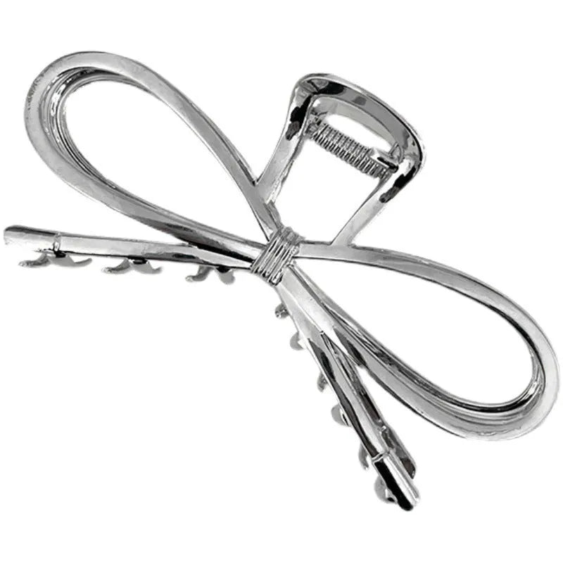 Alloy bow barrette for women silver colour back head hair grip clip