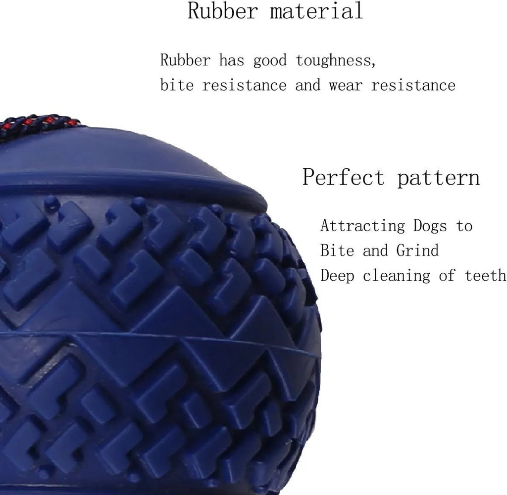Blue and red durable rubber dog ball attached to a rope for tug-of-war and dental care.
