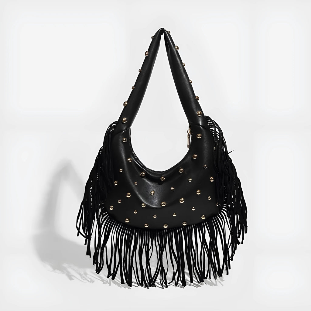 Retro tassel shoulder handbag in black with dedicated phone compartment and polyester lining