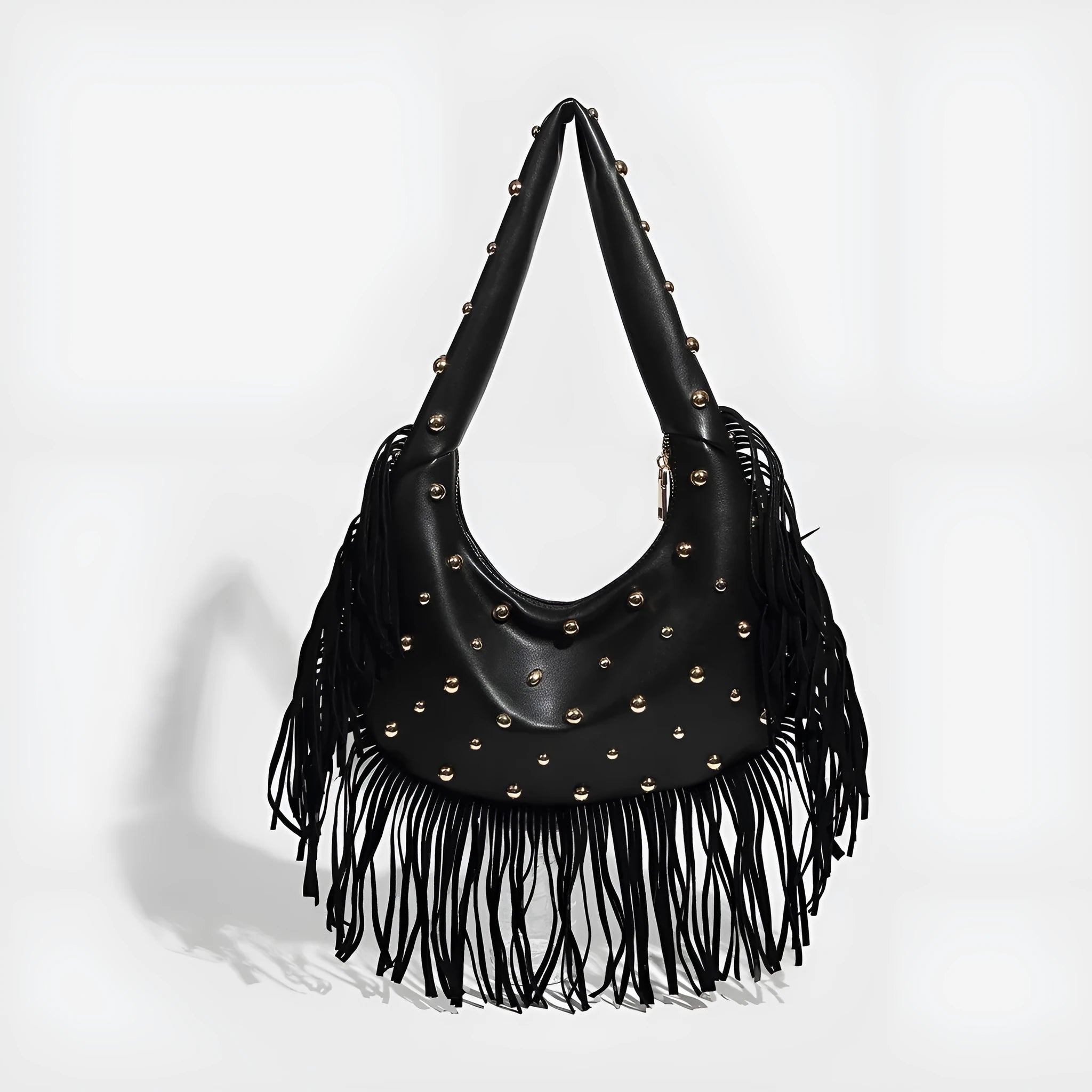 Retro tassel shoulder handbag in black with dedicated phone compartment and polyester lining