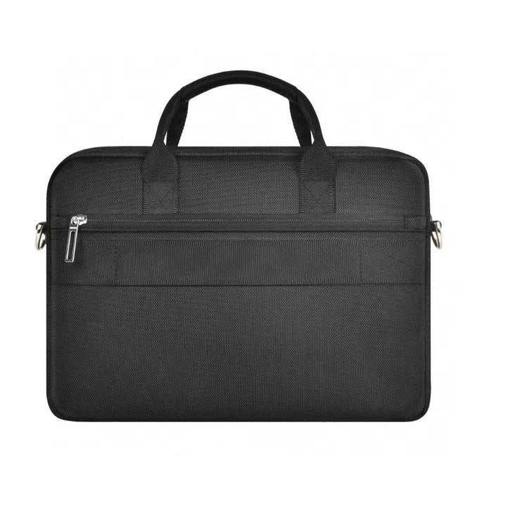 Black Oxford cloth laptop backpack showing multiple pockets and a separate padded compartment for a computer.